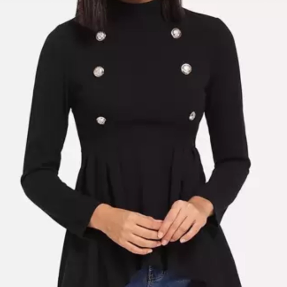 Black mock neck double breasted dip hem peplum Top Sz lg 8/10